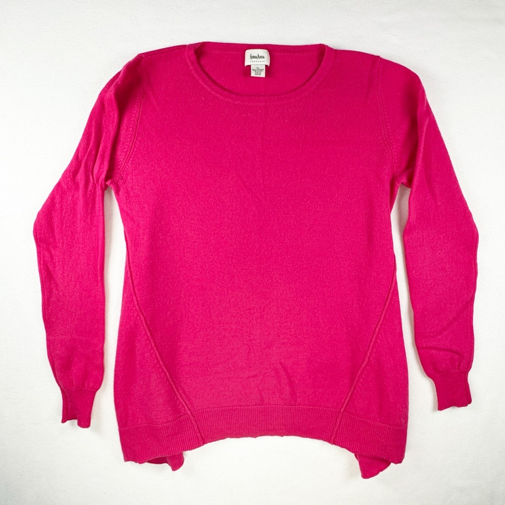 Neiman Marcus Cashmere Sweater Womens XL Hot Pink Crew Neck High-Low Hem Slit
